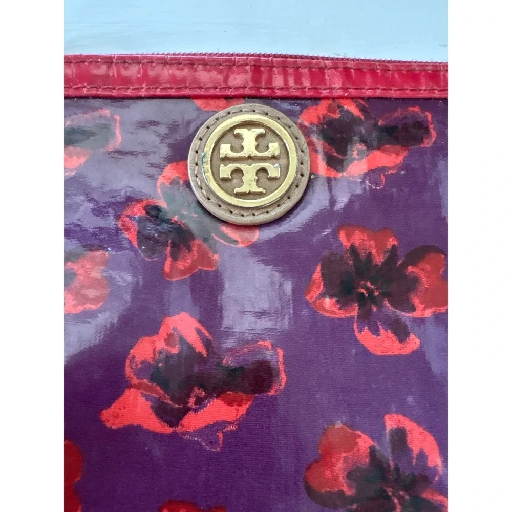 Tory Burch Purple Red Floral Glossy PVC Cosmetic Makeup Bag Pouch with Logo